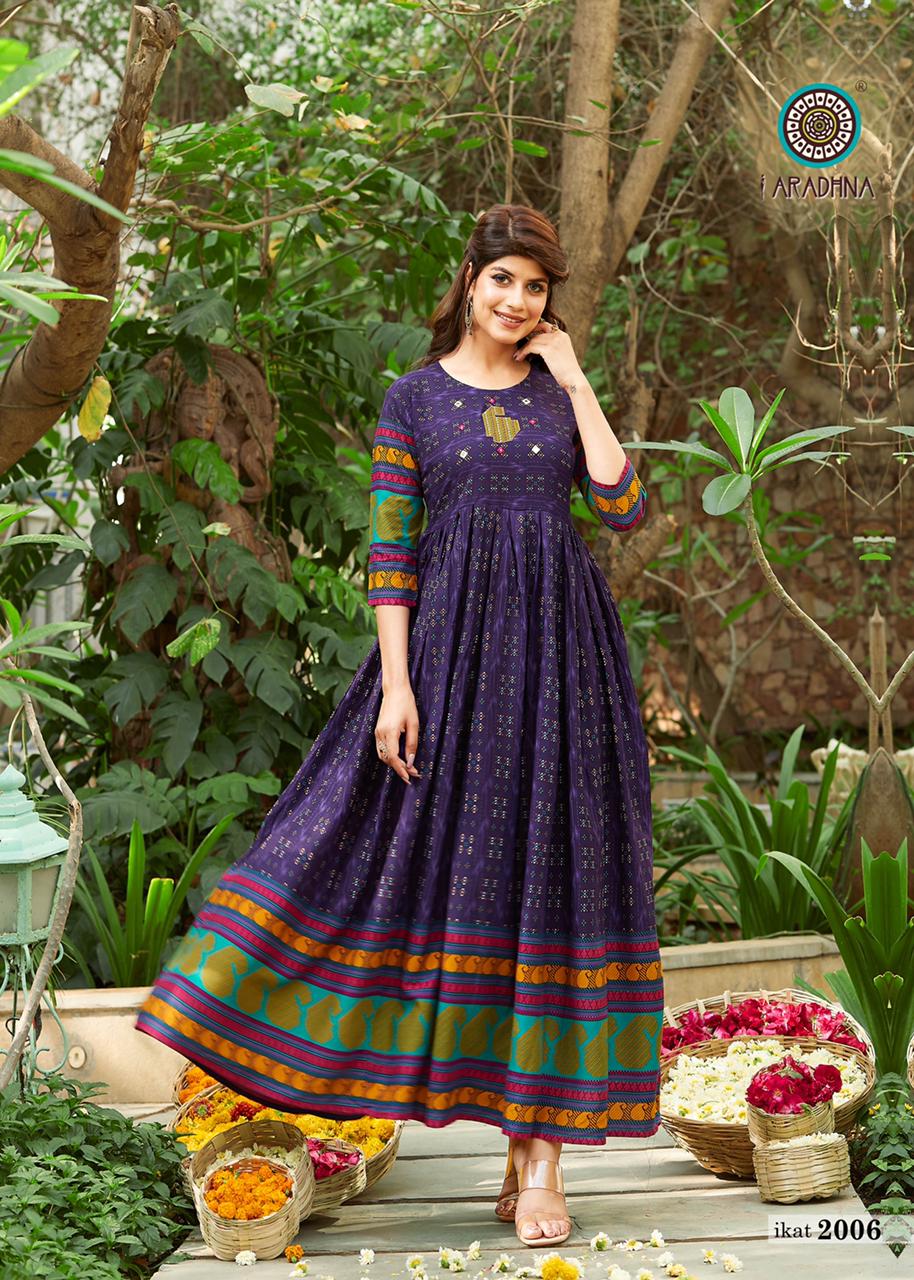 Aradhna Ikat 2 Heavy Rayon Designer Printed  Anarkali Long Kurti Collection